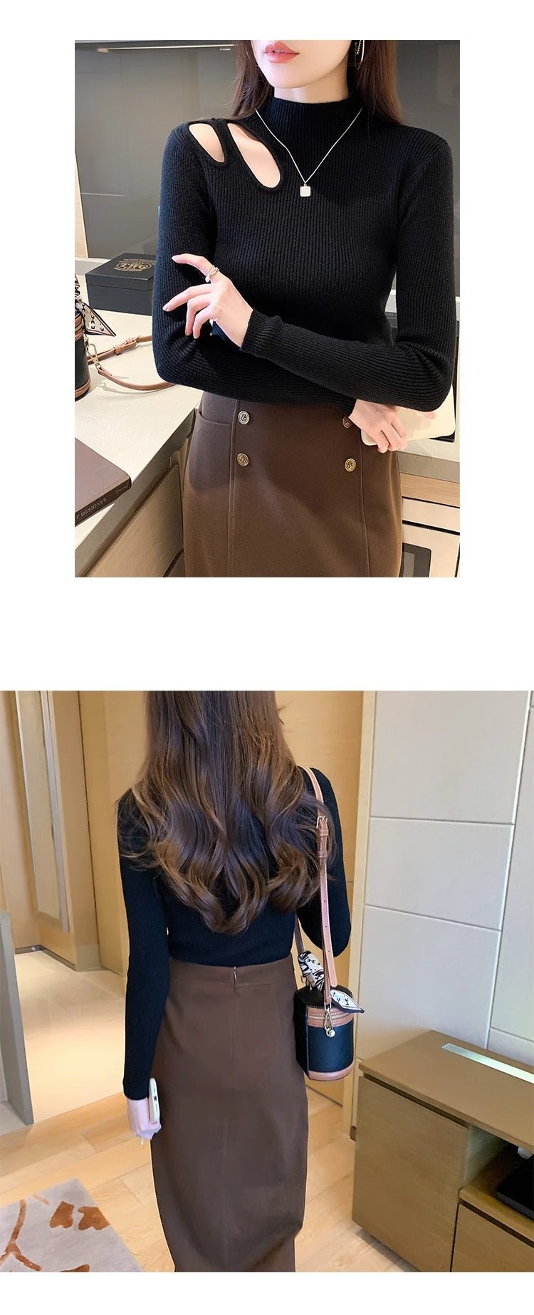 Hollow Knit Semi-Turtleneck Top