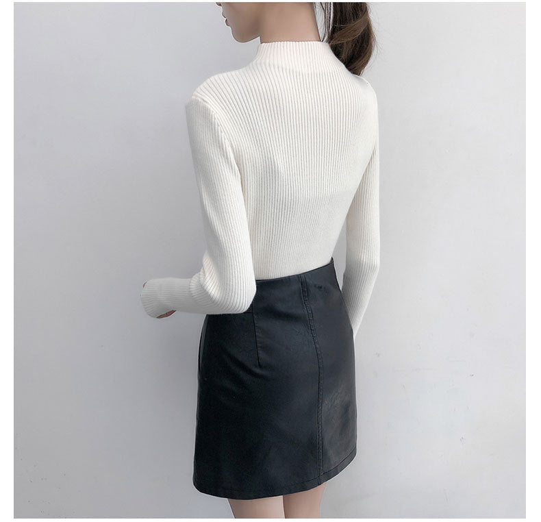 Slim Half-Turtleneck Ring Zipper Top