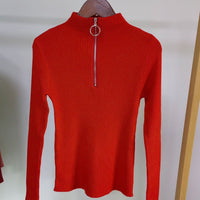 Slim Half-Turtleneck Ring Zipper Top