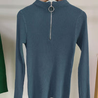 Slim Half-Turtleneck Ring Zipper Top