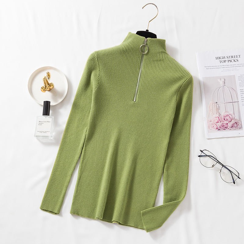 Slim Half-Turtleneck Ring Zipper Top