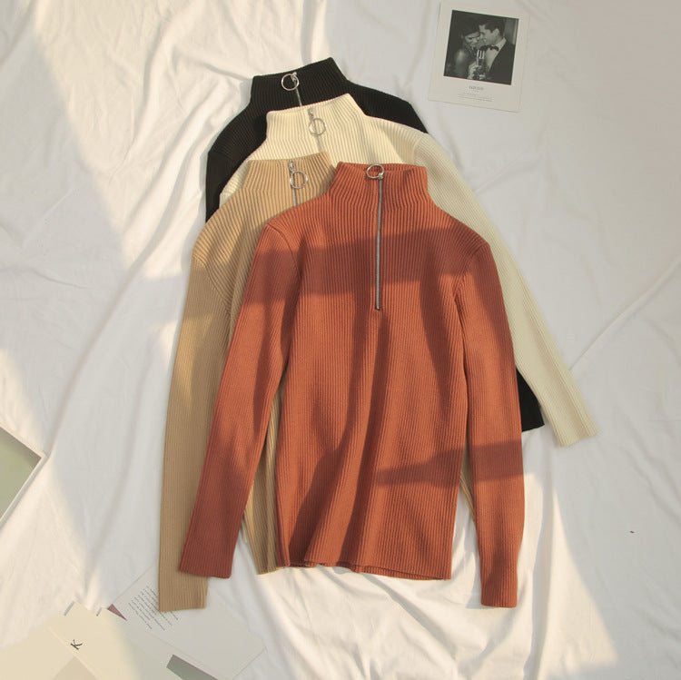Slim Half-Turtleneck Ring Zipper Top