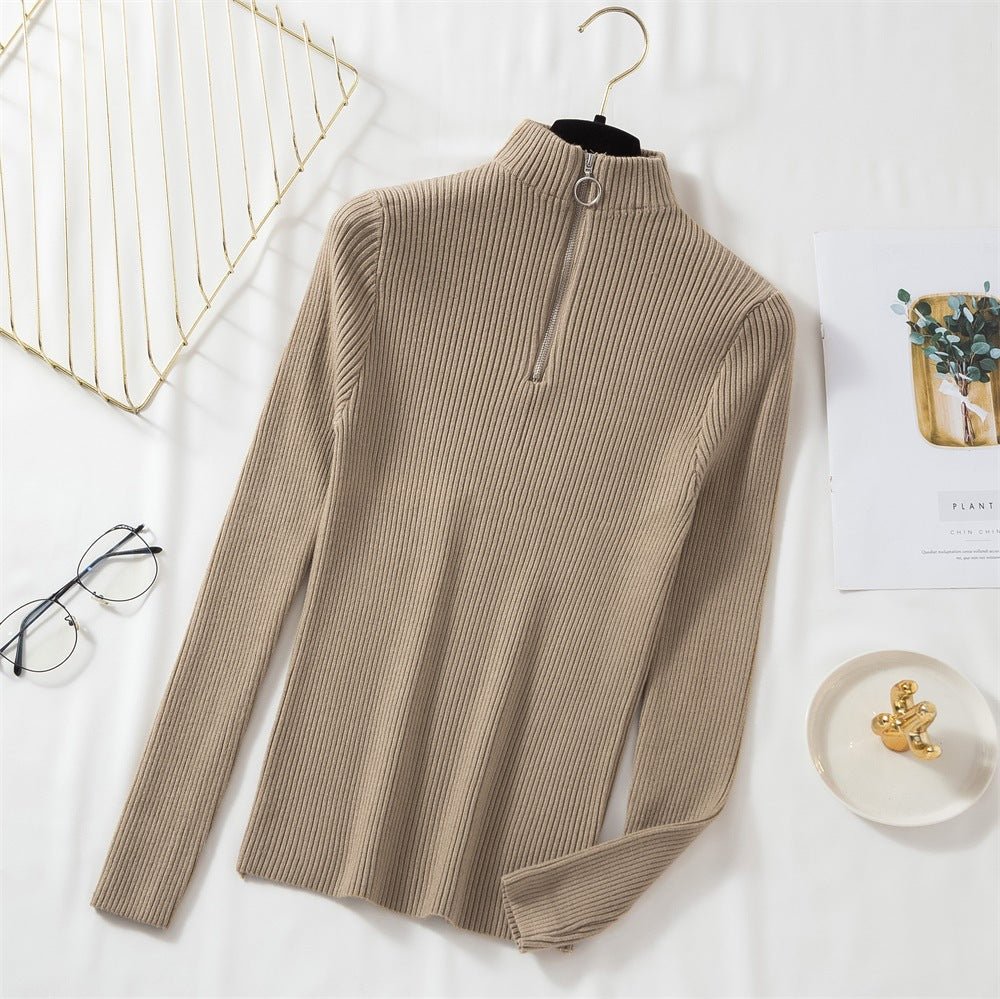 Slim Half-Turtleneck Ring Zipper Top