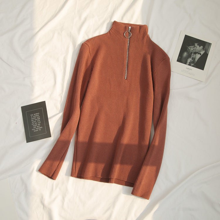 Slim Half-Turtleneck Ring Zipper Top