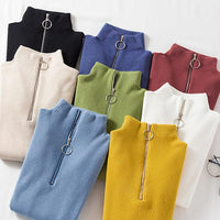 Slim Half-Turtleneck Ring Zipper Top