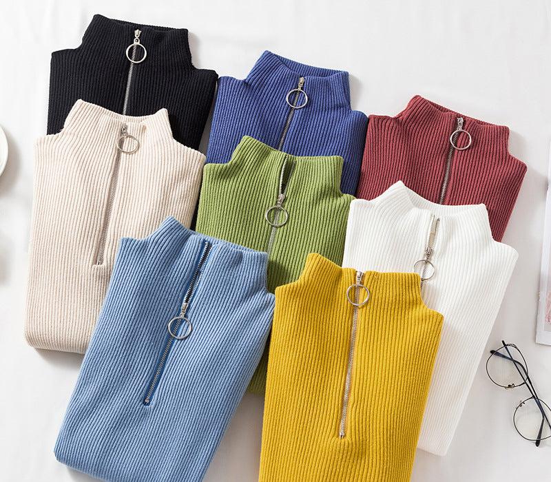 Slim Half-Turtleneck Ring Zipper Top