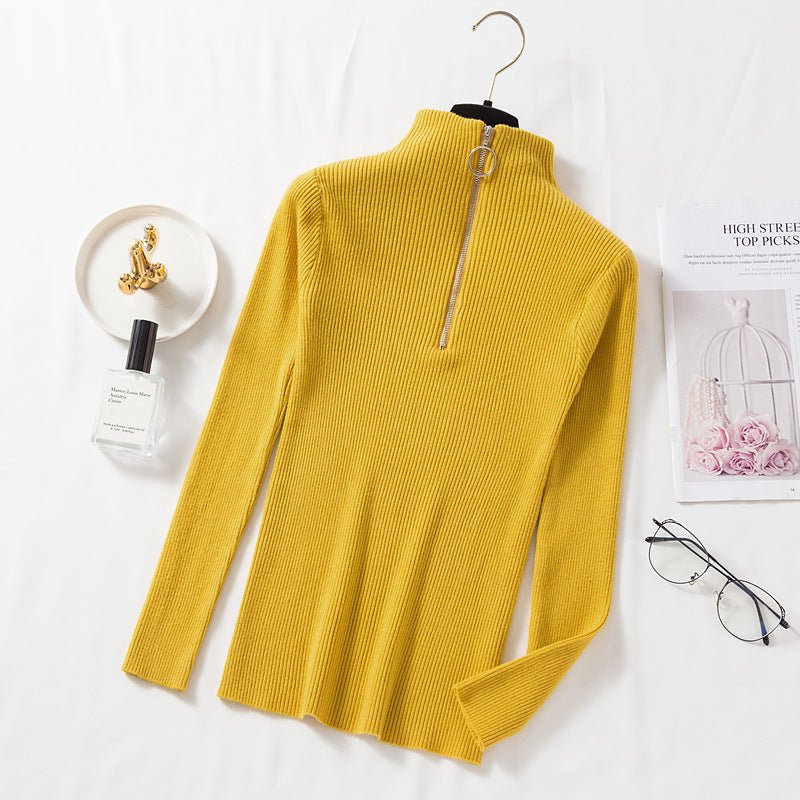 Slim Half-Turtleneck Ring Zipper Top