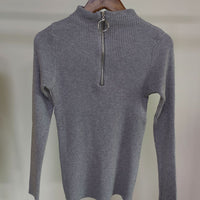 Slim Half-Turtleneck Ring Zipper Top