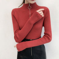 Slim Half-Turtleneck Ring Zipper Top