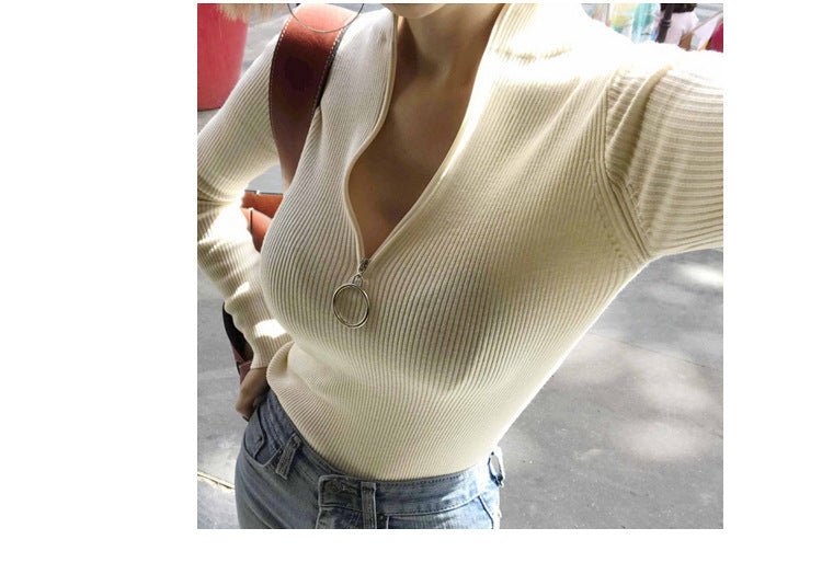 Slim Half-Turtleneck Ring Zipper Top