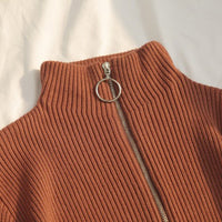 Slim Half-Turtleneck Ring Zipper Top