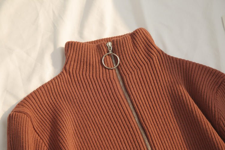 Slim Half-Turtleneck Ring Zipper Top