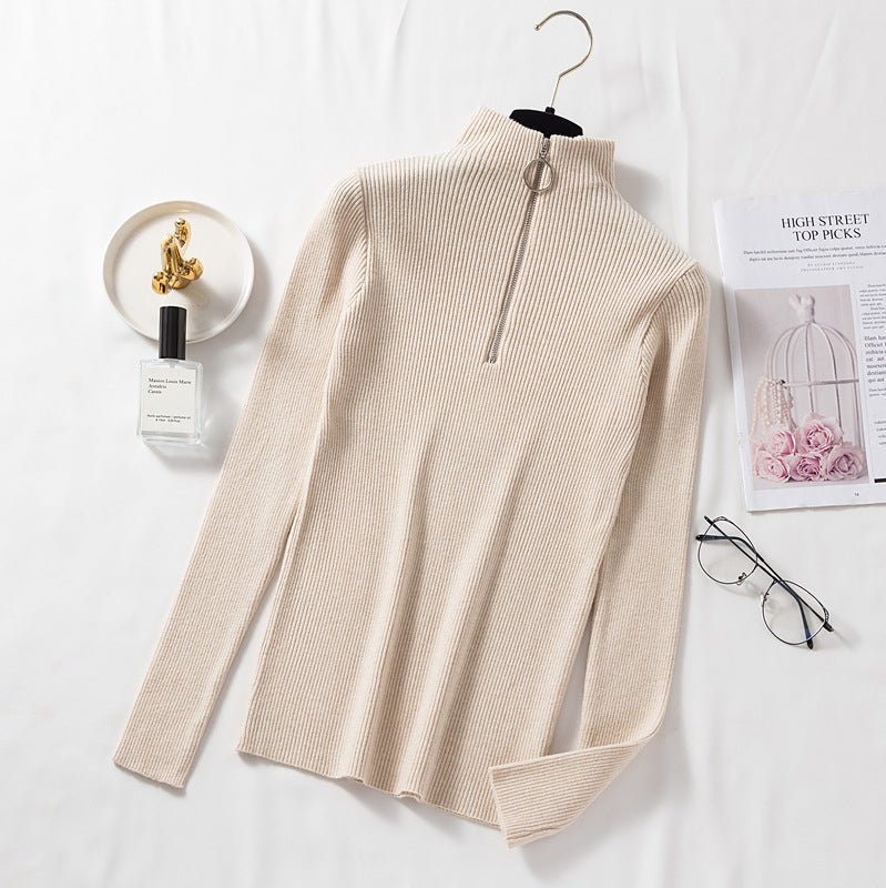Slim Half-Turtleneck Ring Zipper Top