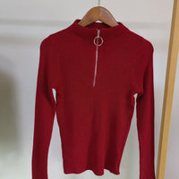 Slim Half-Turtleneck Ring Zipper Top