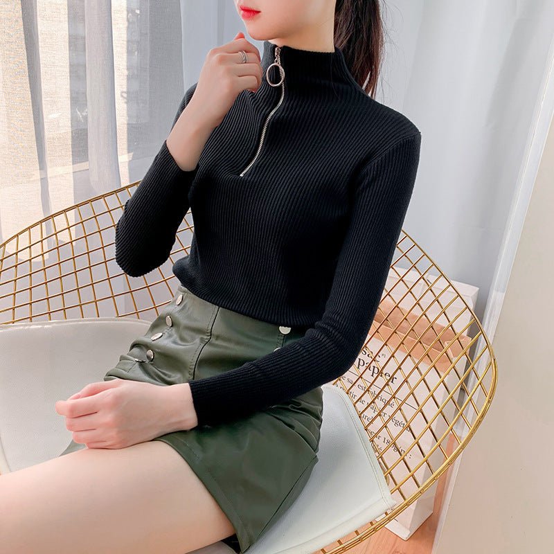 Slim Half-Turtleneck Ring Zipper Top