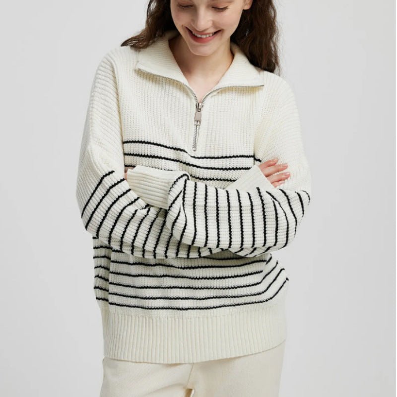 Striped High-Collar Zipper Pullover