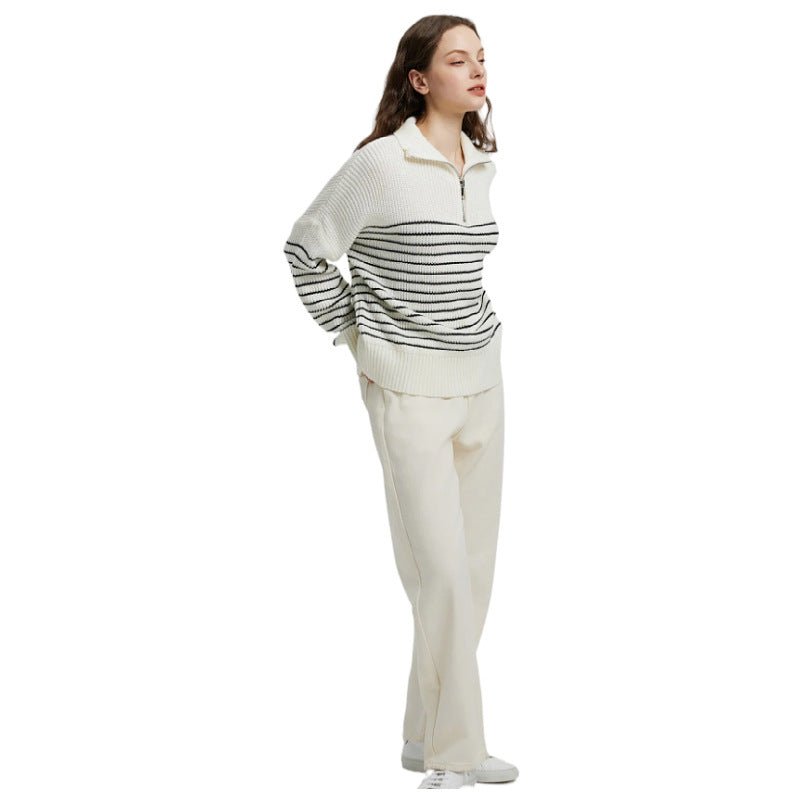 Striped High-Collar Zipper Pullover