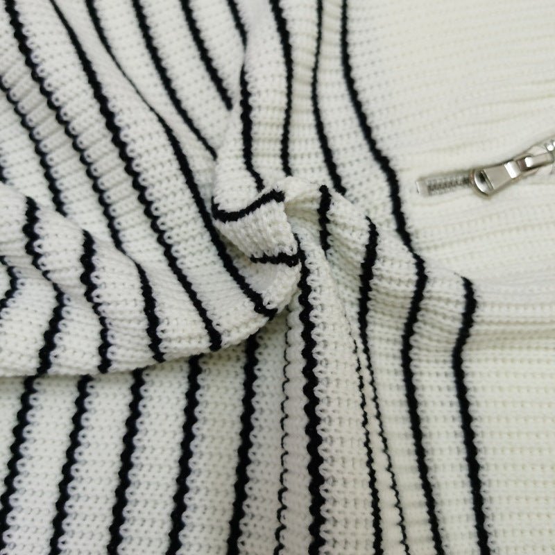 Striped High-Collar Zipper Pullover