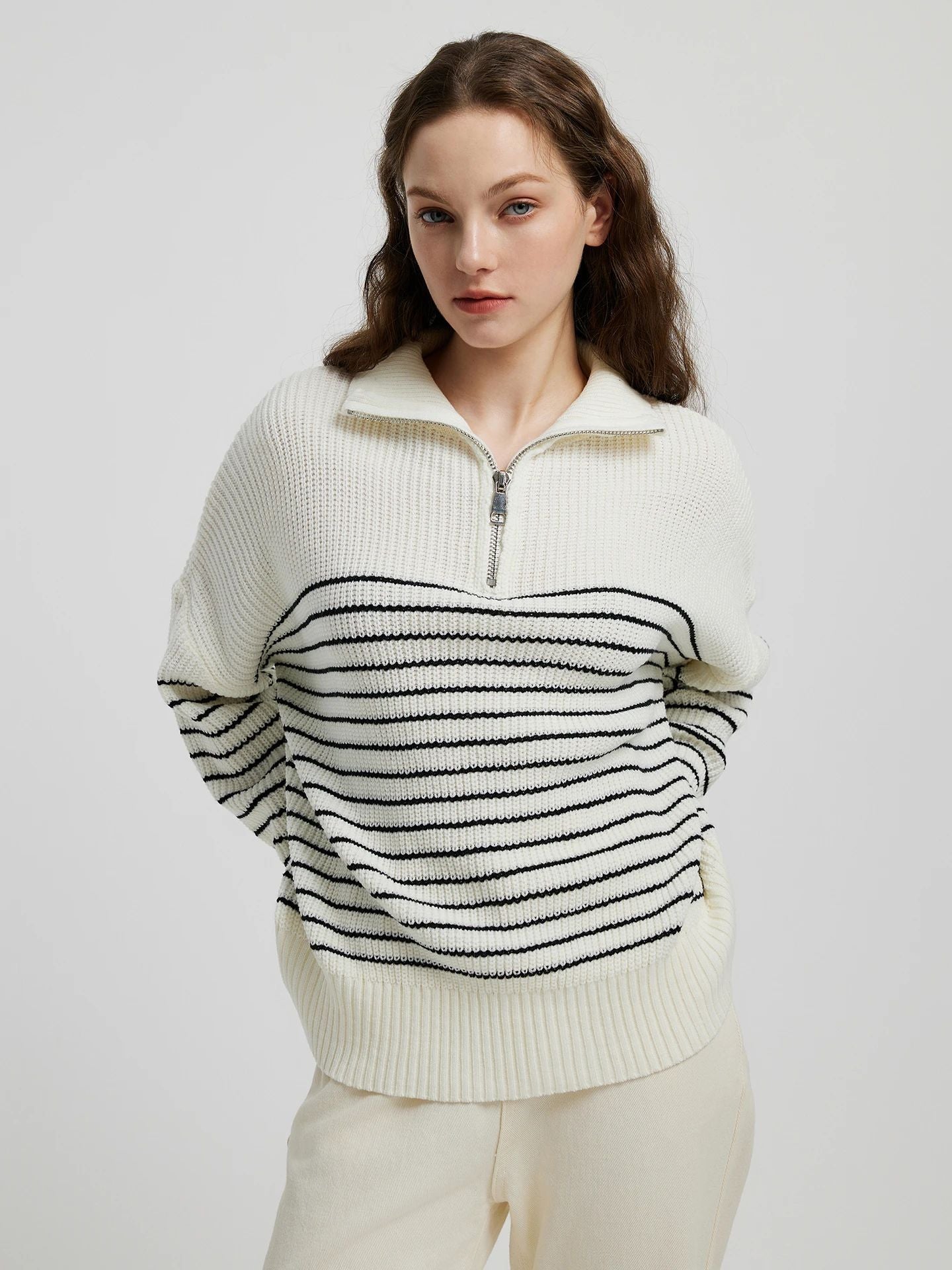 Striped High-Collar Zipper Pullover