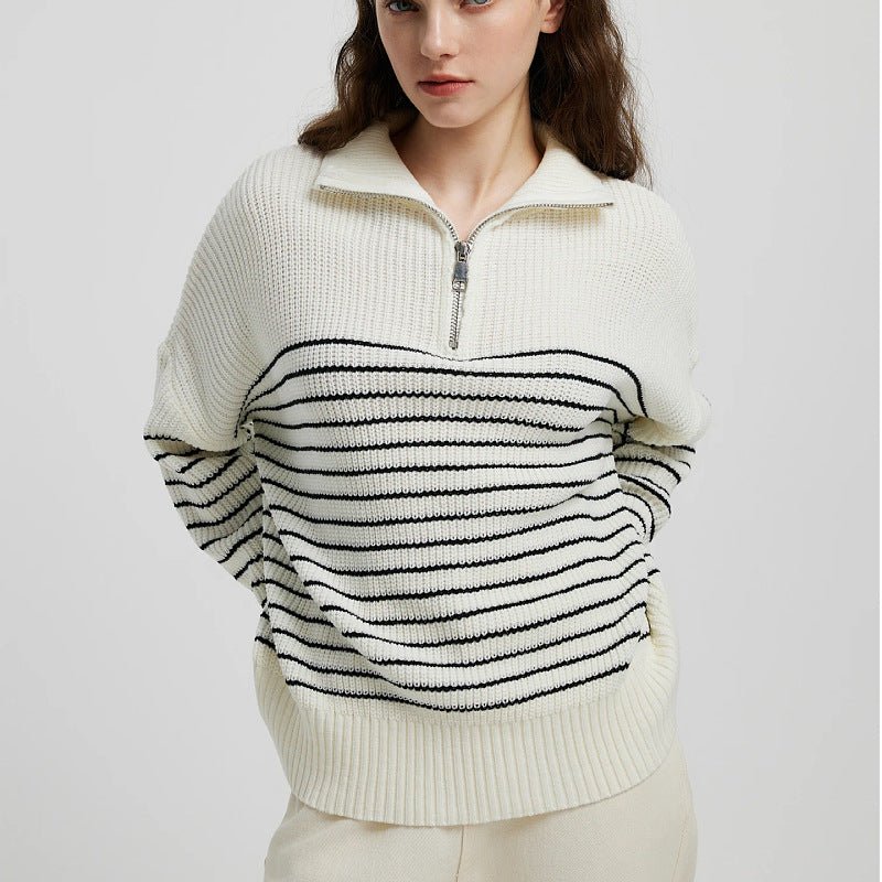 Striped High-Collar Zipper Pullover