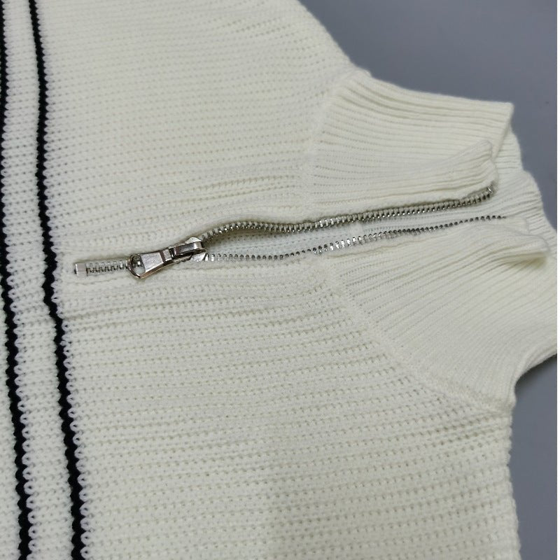 Striped High-Collar Zipper Pullover