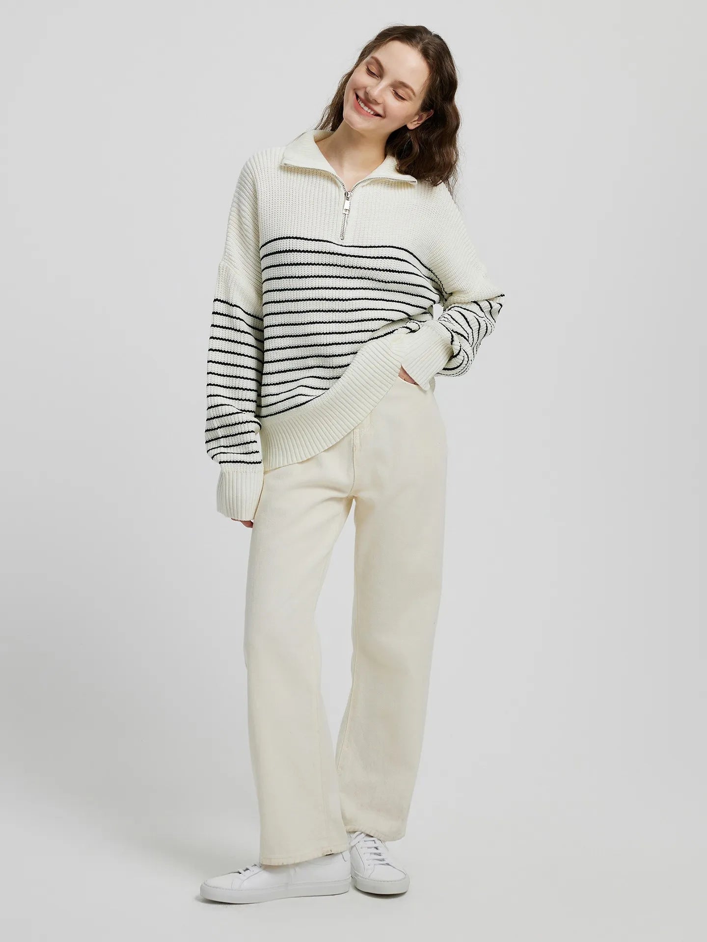 Striped High-Collar Zipper Pullover