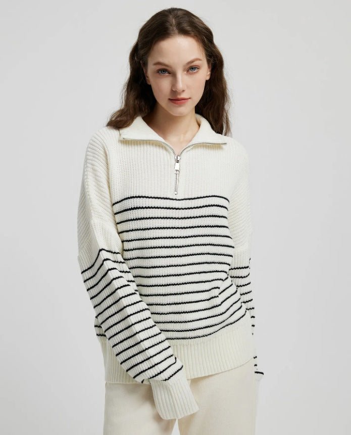 Striped High-Collar Zipper Pullover