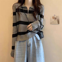 Loose Striped POLO Collar Pullover