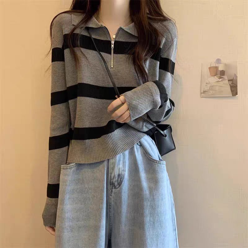Loose Striped POLO Collar Pullover