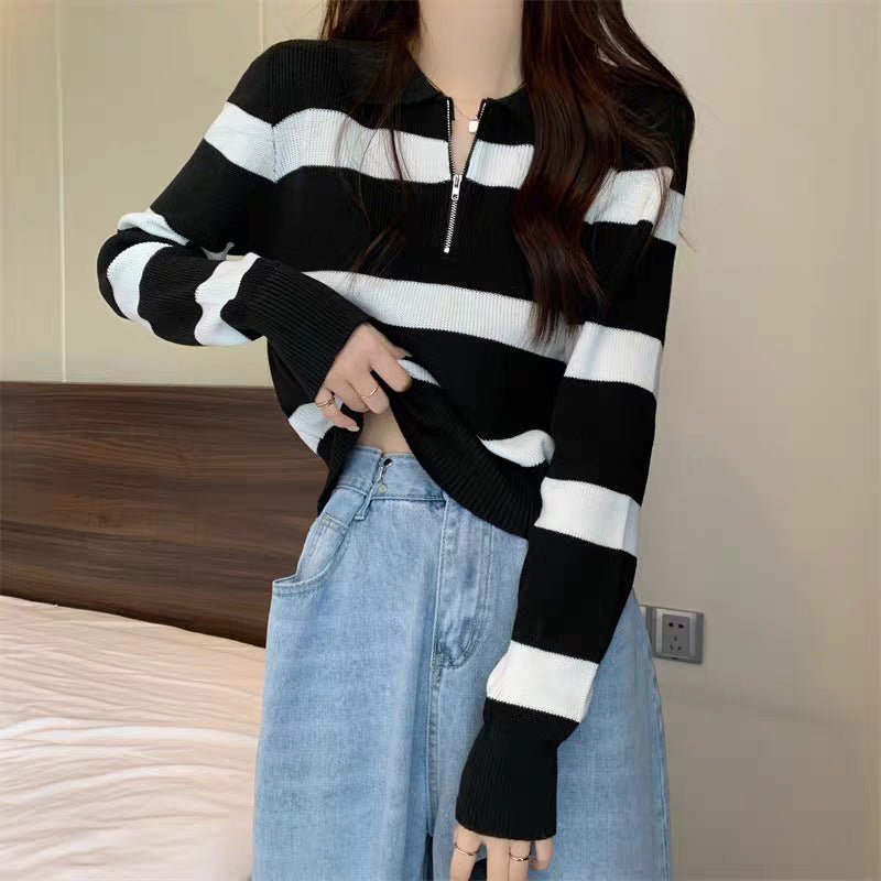Loose Striped POLO Collar Pullover