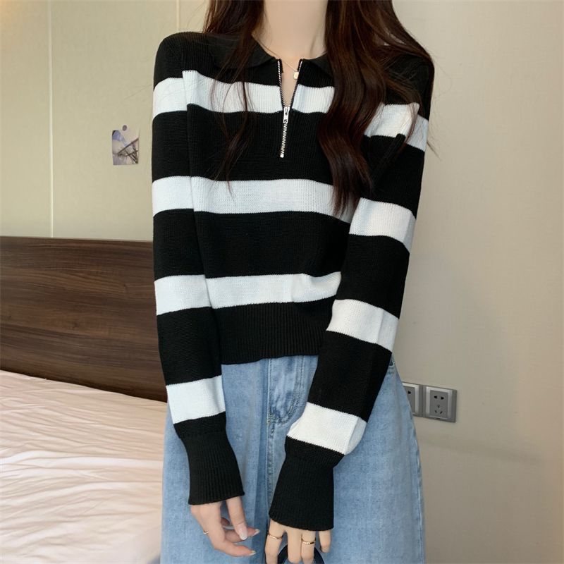 Loose Striped POLO Collar Pullover