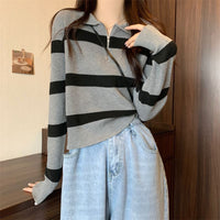 Loose Striped POLO Collar Pullover