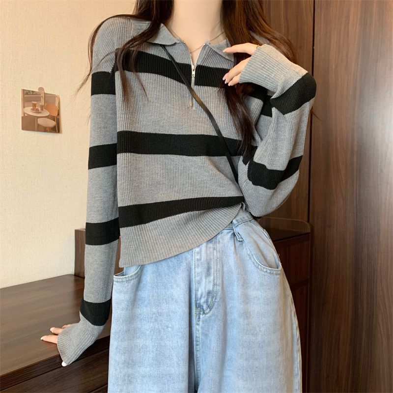 Loose Striped POLO Collar Pullover