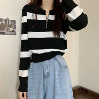 Loose Striped POLO Collar Pullover