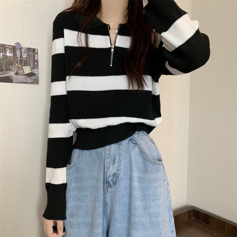 Loose Striped POLO Collar Pullover