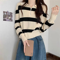 Loose Striped POLO Collar Pullover