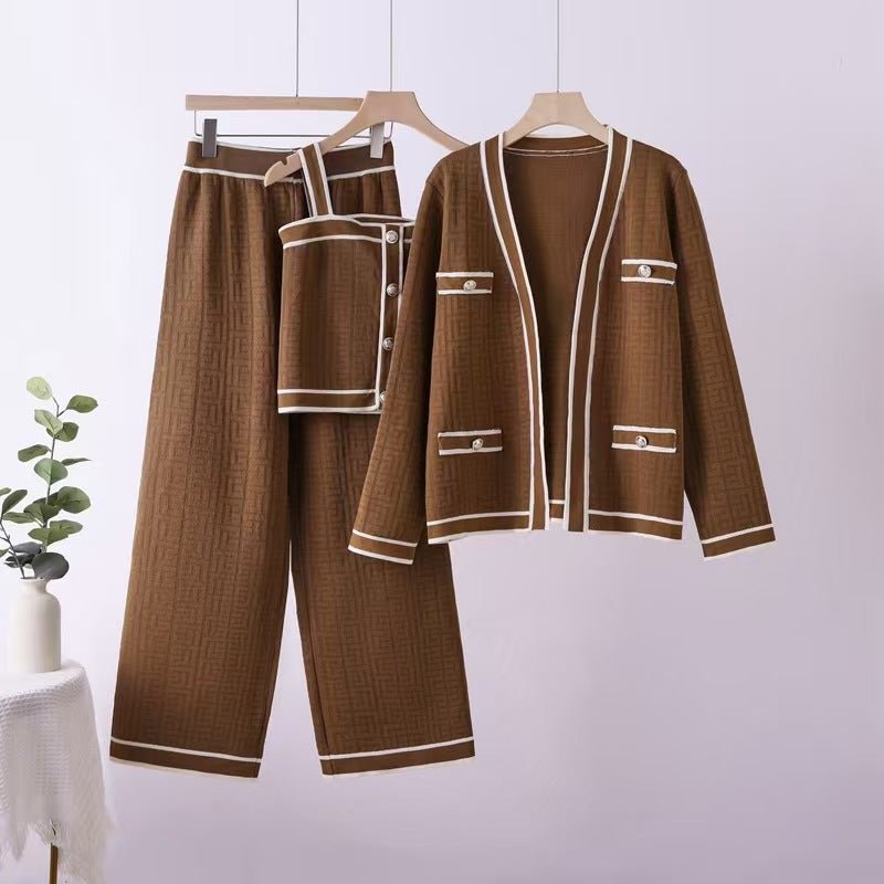 Knit Cardigan, Vest & Wide Pants Set