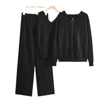 Knit Zipper Jacket, Vest & Wide Pants Set