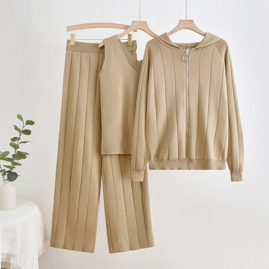 Knit Zipper Jacket, Vest & Wide Pants Set