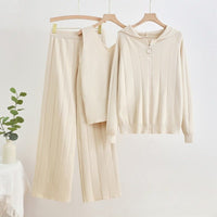 Knit Zipper Jacket, Vest & Wide Pants Set