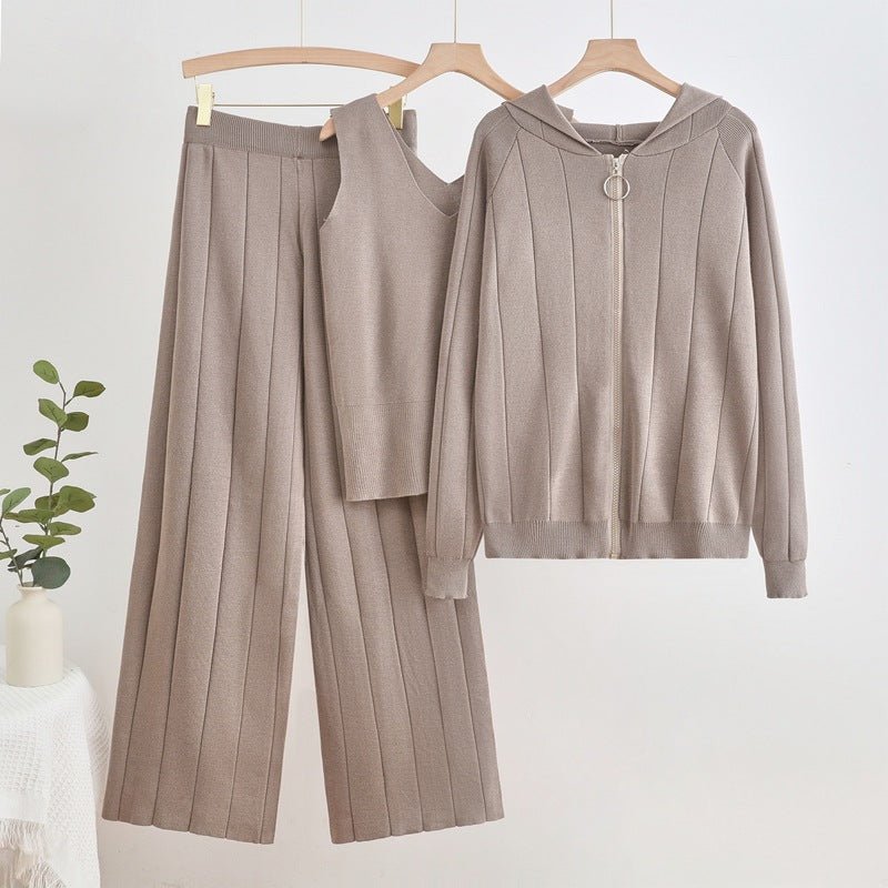 Knit Zipper Jacket, Vest & Wide Pants Set