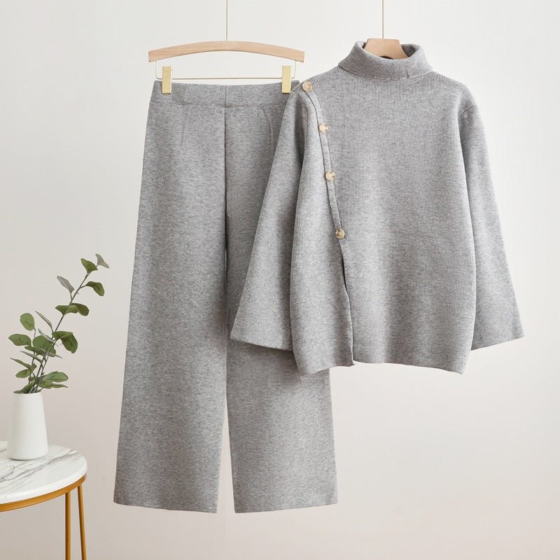 Turtleneck Button-Splice & Wide Pants Set