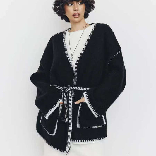 Contrasting Color Lace-Up Cardigan