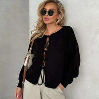 Lace-Up Cropped Commuter Cardigan