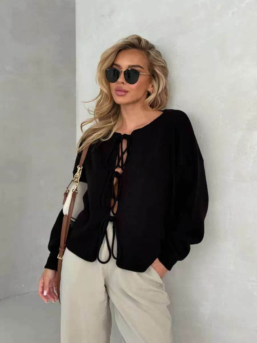 Lace-Up Cropped Commuter Cardigan