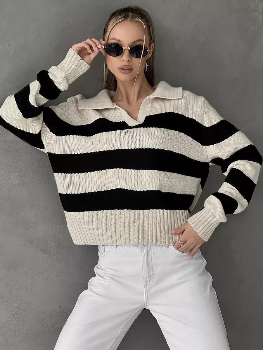 Striped POLO Collar Knit Pullover