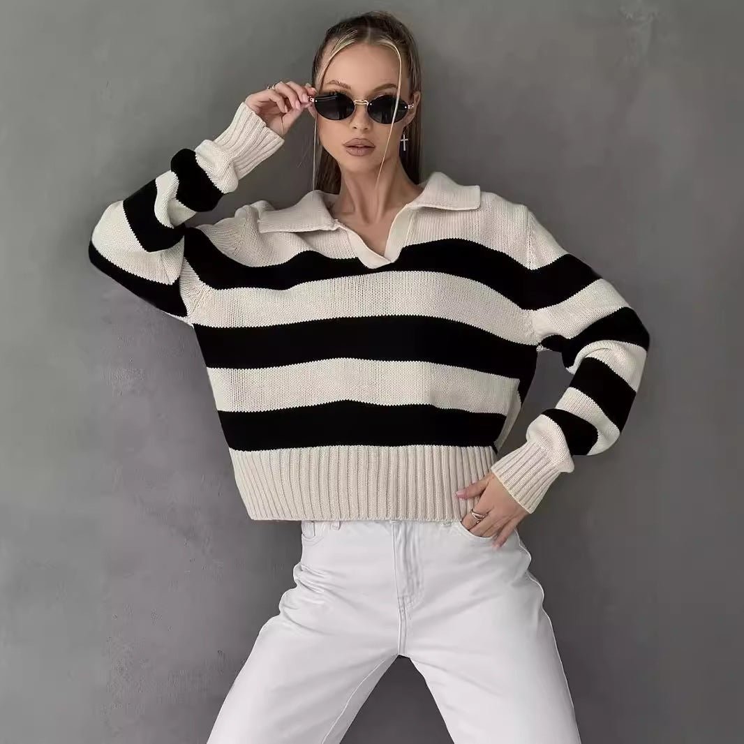 Striped POLO Collar Knit Pullover