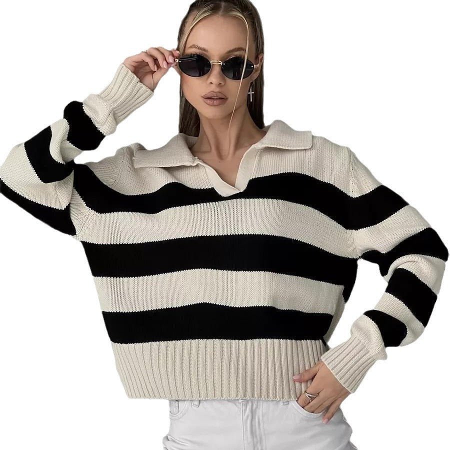 Striped POLO Collar Knit Pullover