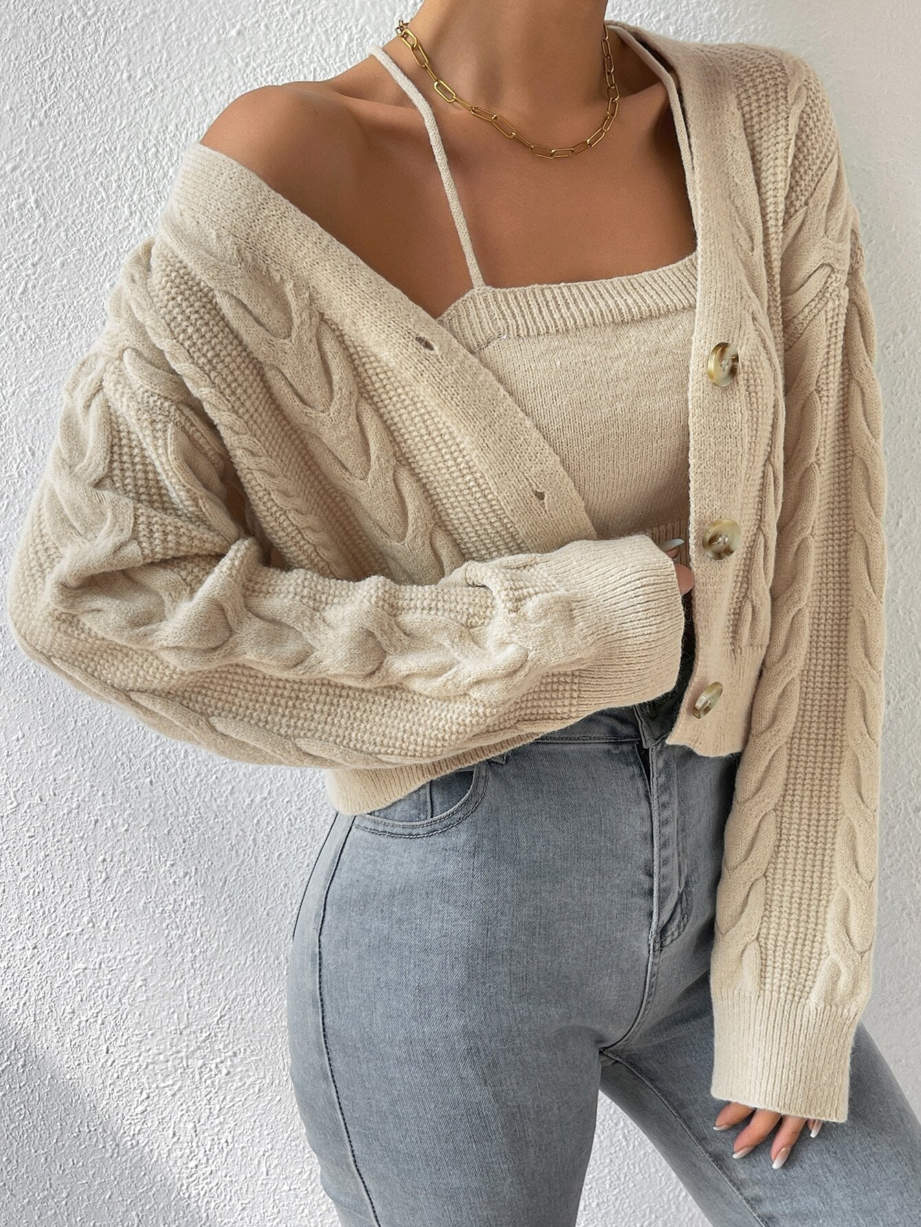 MOOSTA Cable Knit Cardigan & Cami Set