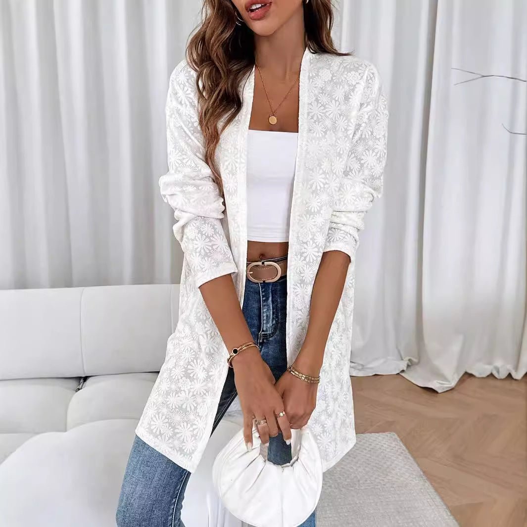 Long Color Jacquard Knit Cardigan